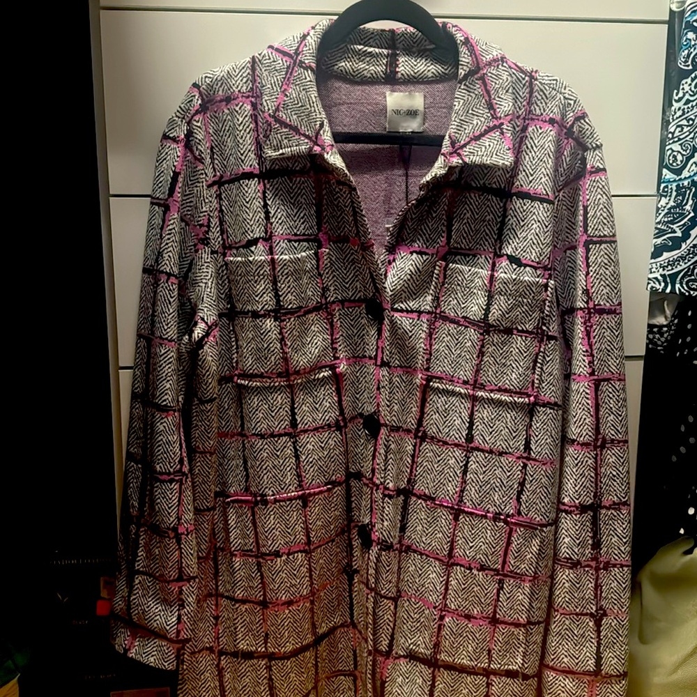Shacket, Black, White & Pink button up, four front pockets.
